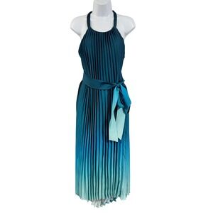 Avenue Pleated Ombre Halter Dress Womens 16 Teal Blue Maxi Waist Tie Accordion